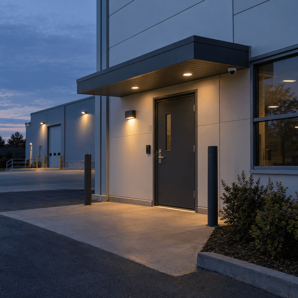 A light industrial entrance with a mounted security camera and practical exterior lighting.